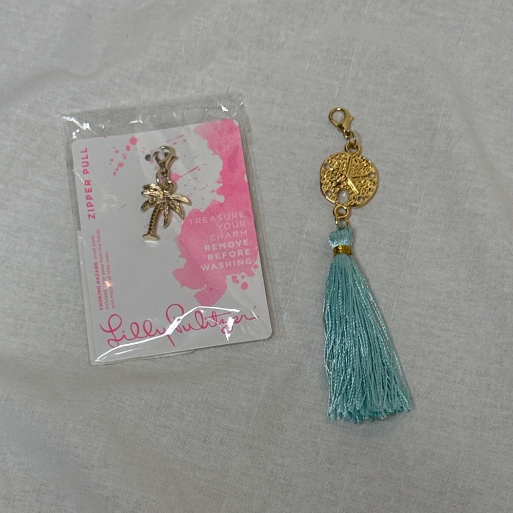 LOT Lilly Pulitzer Zipper Pull Charms Palm Tree Sand Dollar Tassel Gold